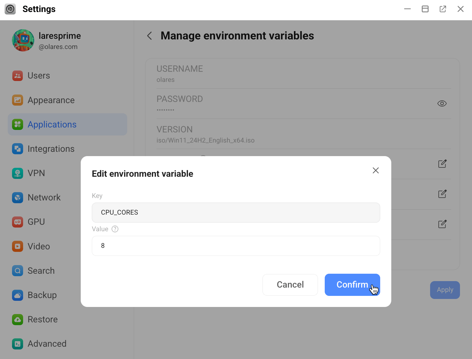 Edit application environment variables