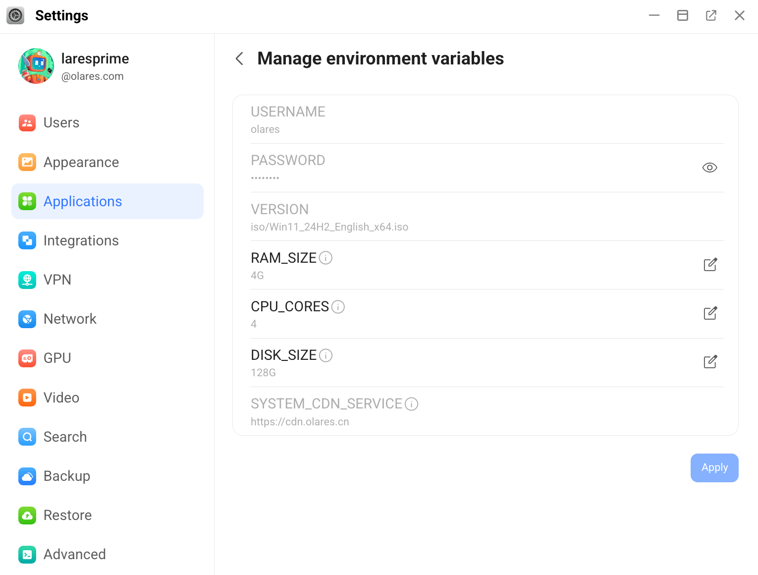 Application environment variable list