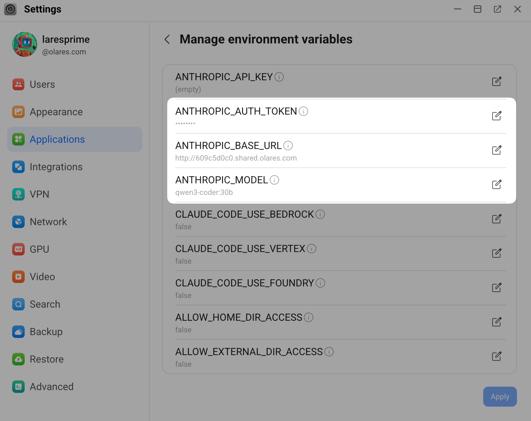 Claude Code environment variables settings