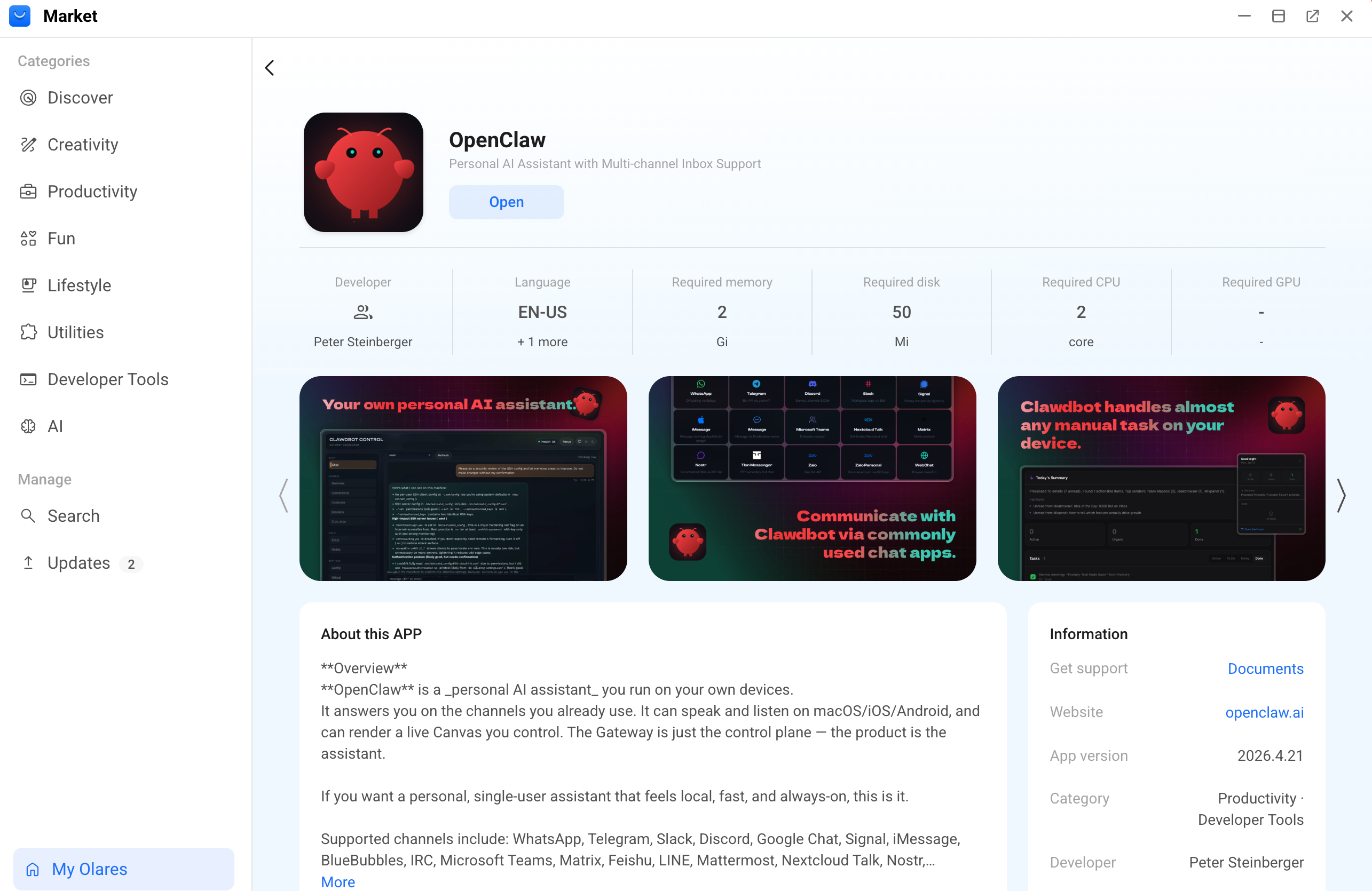 Search for OpenClaw from Market