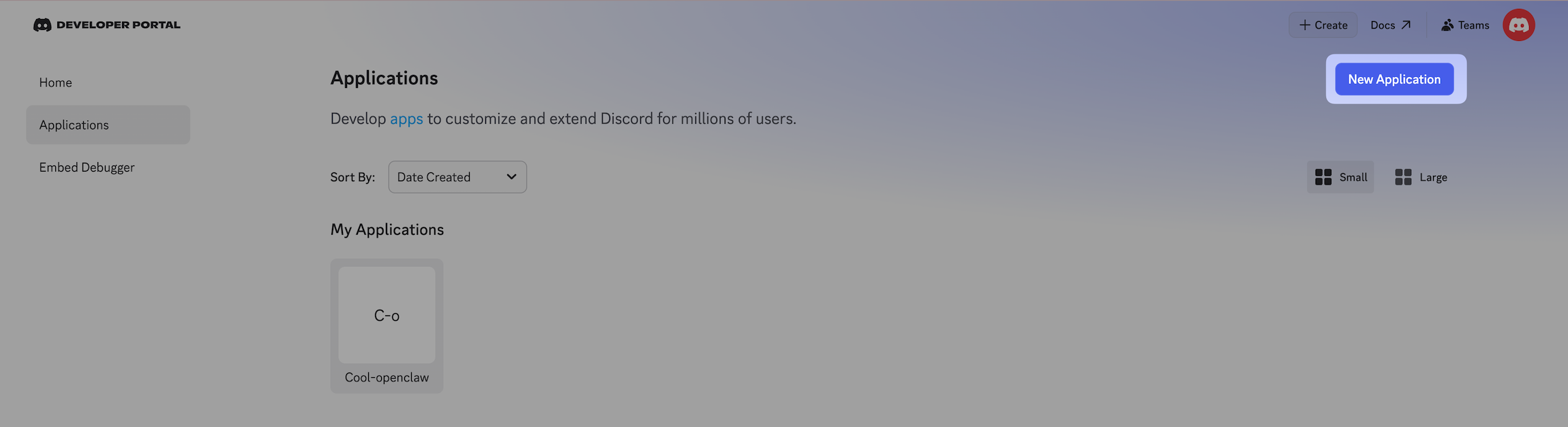 New application in Discord developer portal