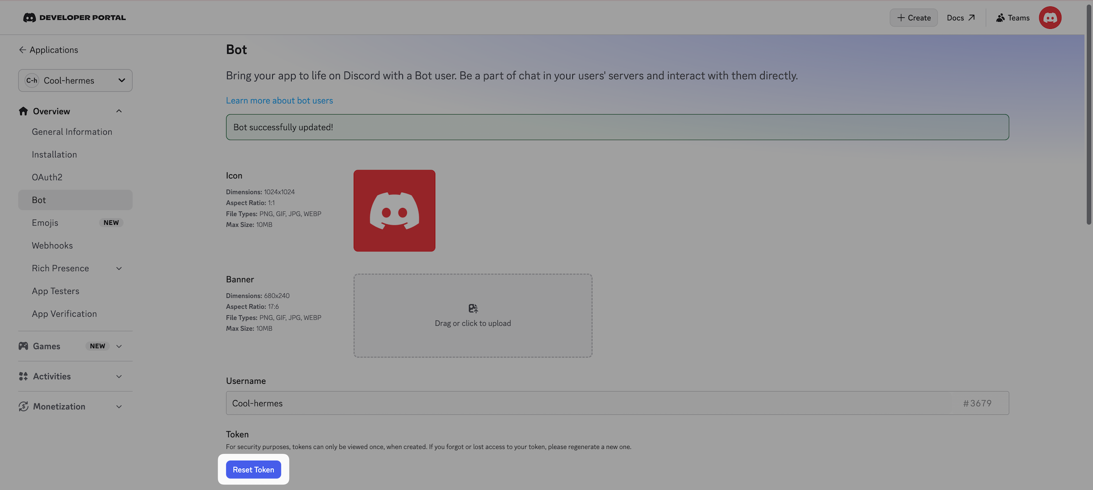 Reset token