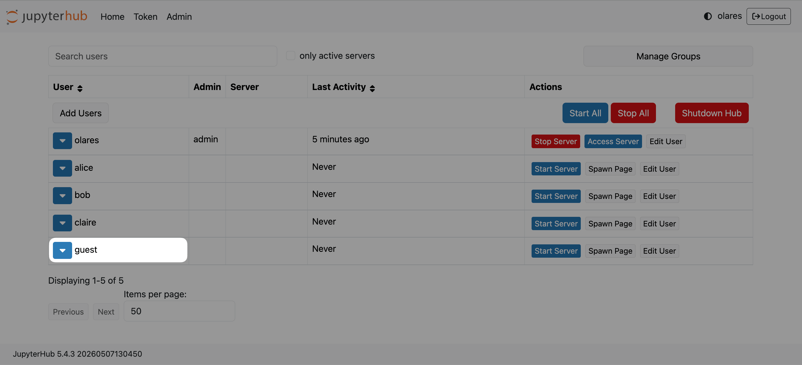 Admin page - create user