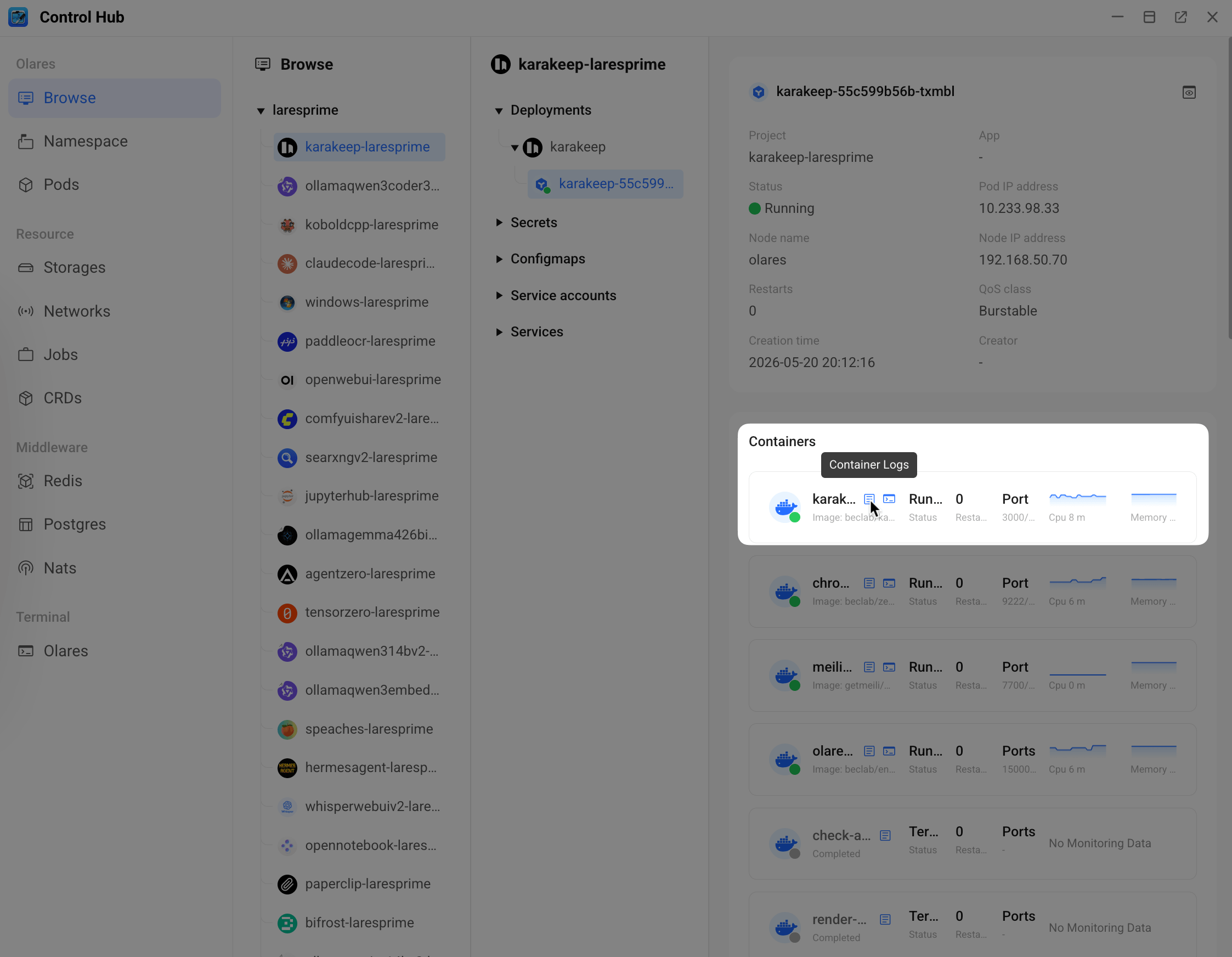 Check container logs