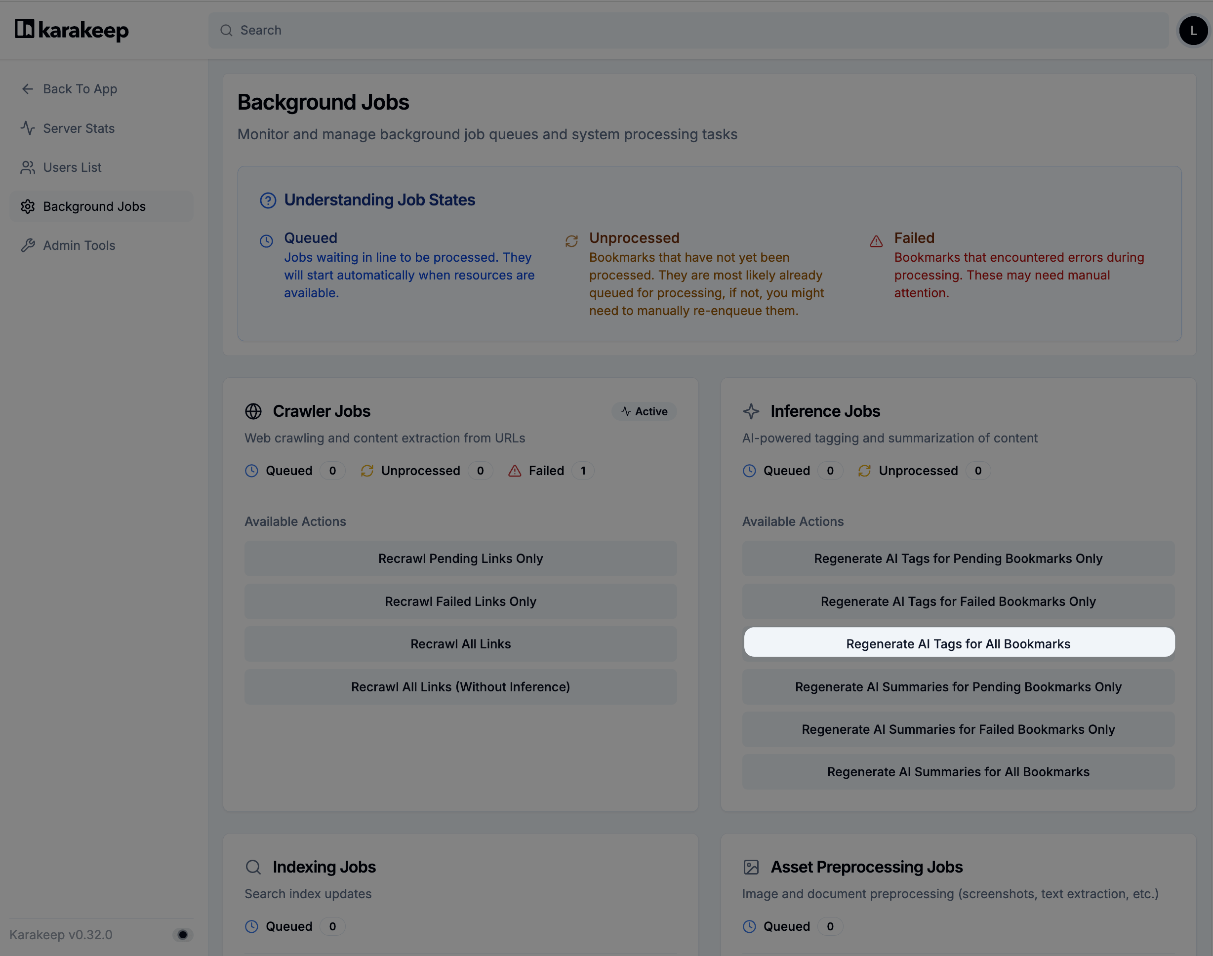 Regenerate tags in Karakeep