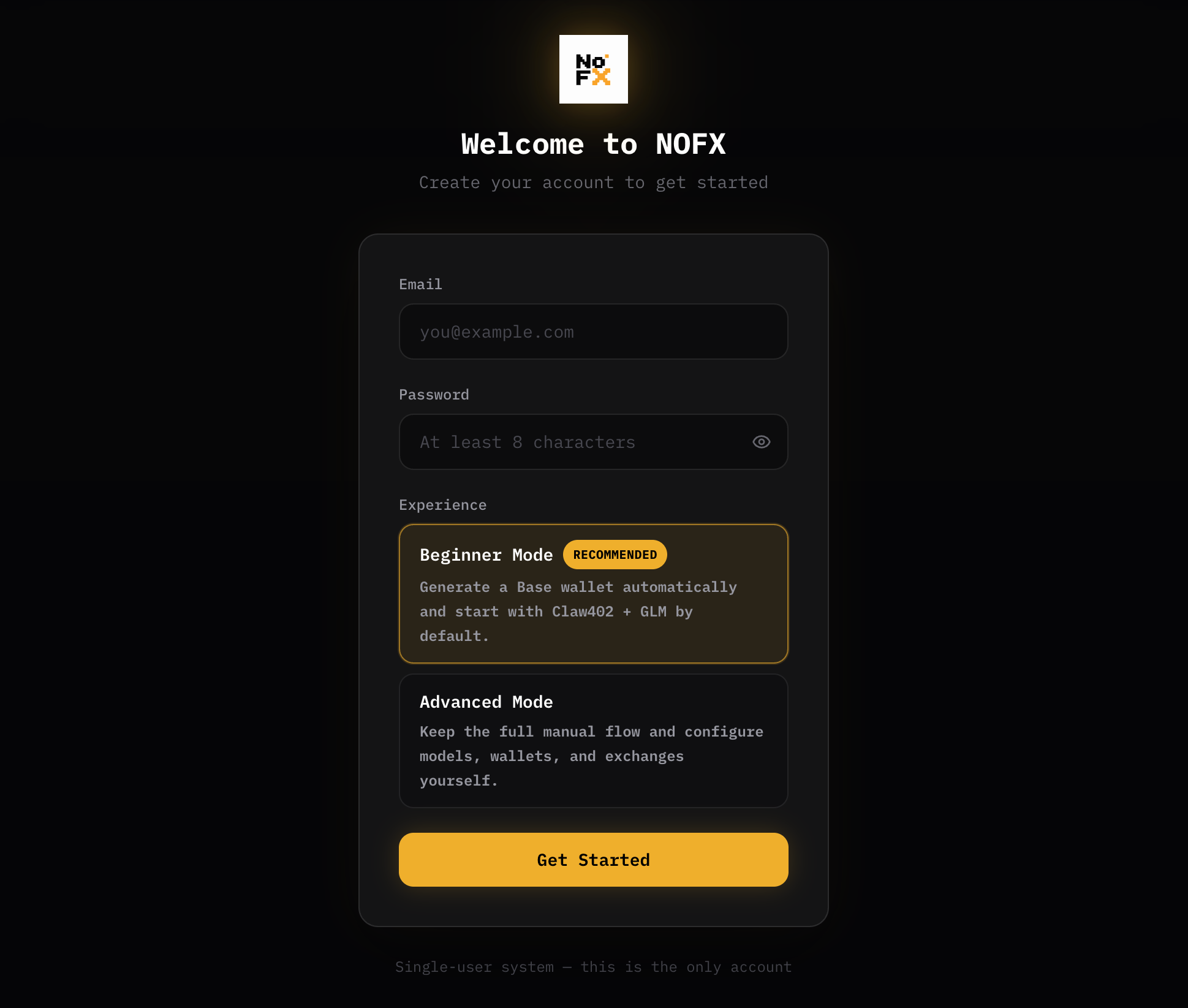 NOFX sign-up screen