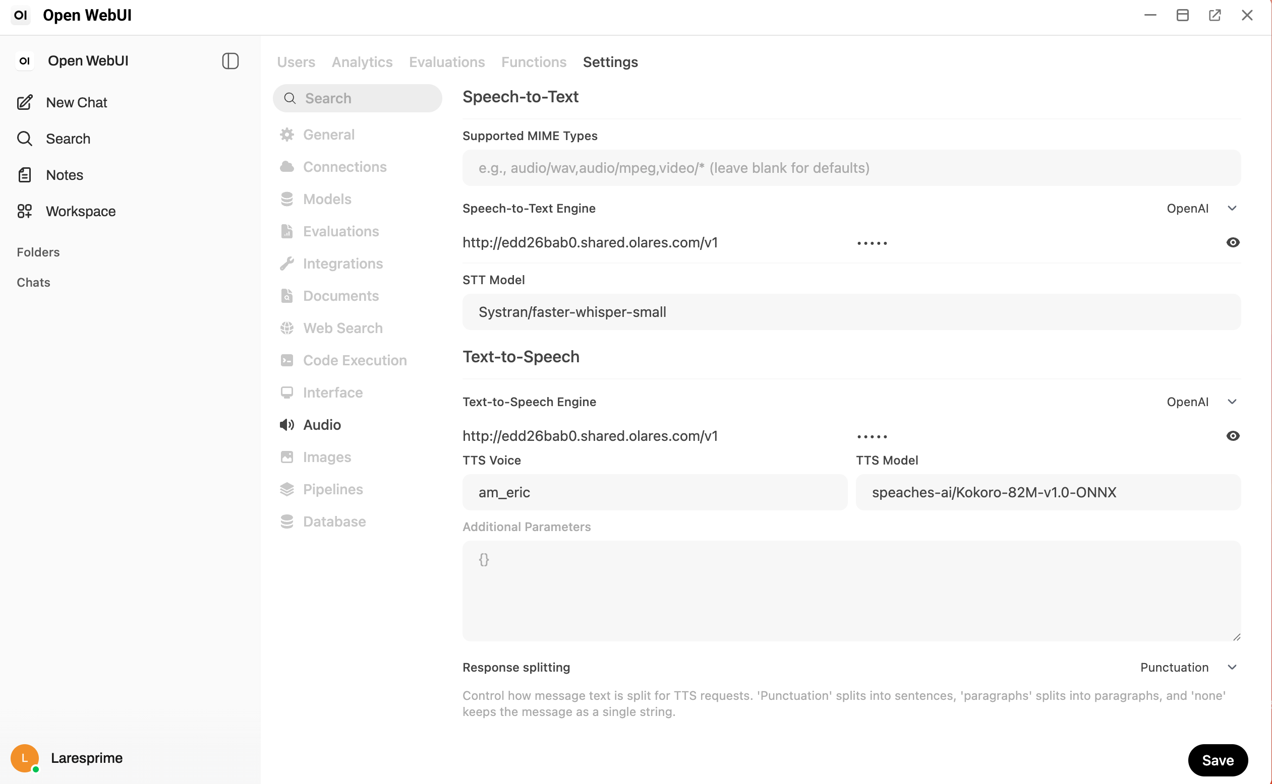 Audio settings in Open WebUI