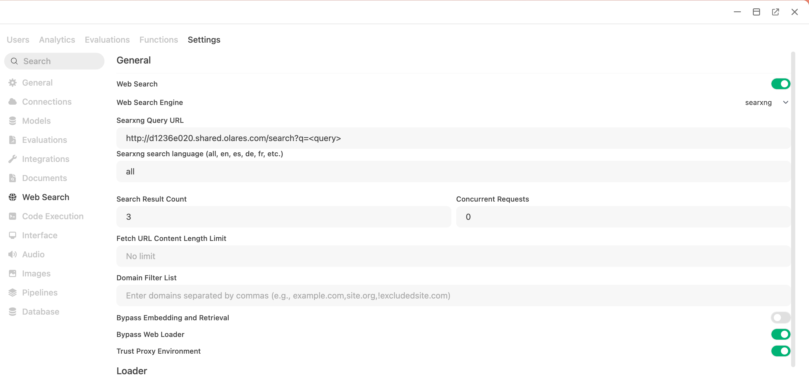 SearXNG configurations in Open WebUI