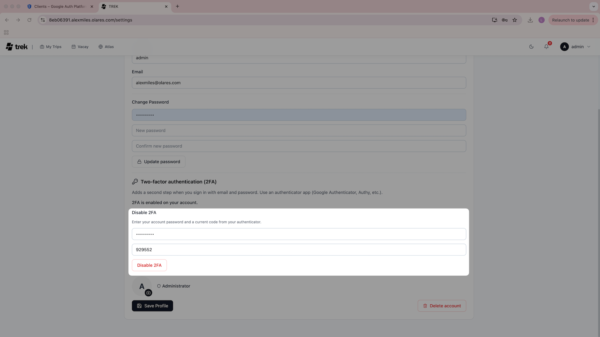 Disable 2FA