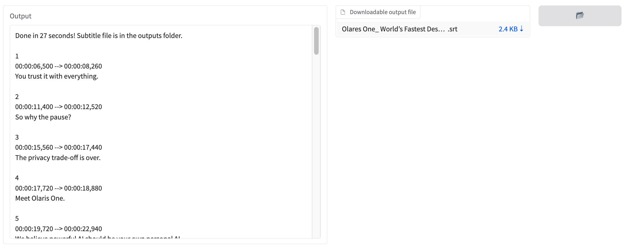 YouTube transcription result