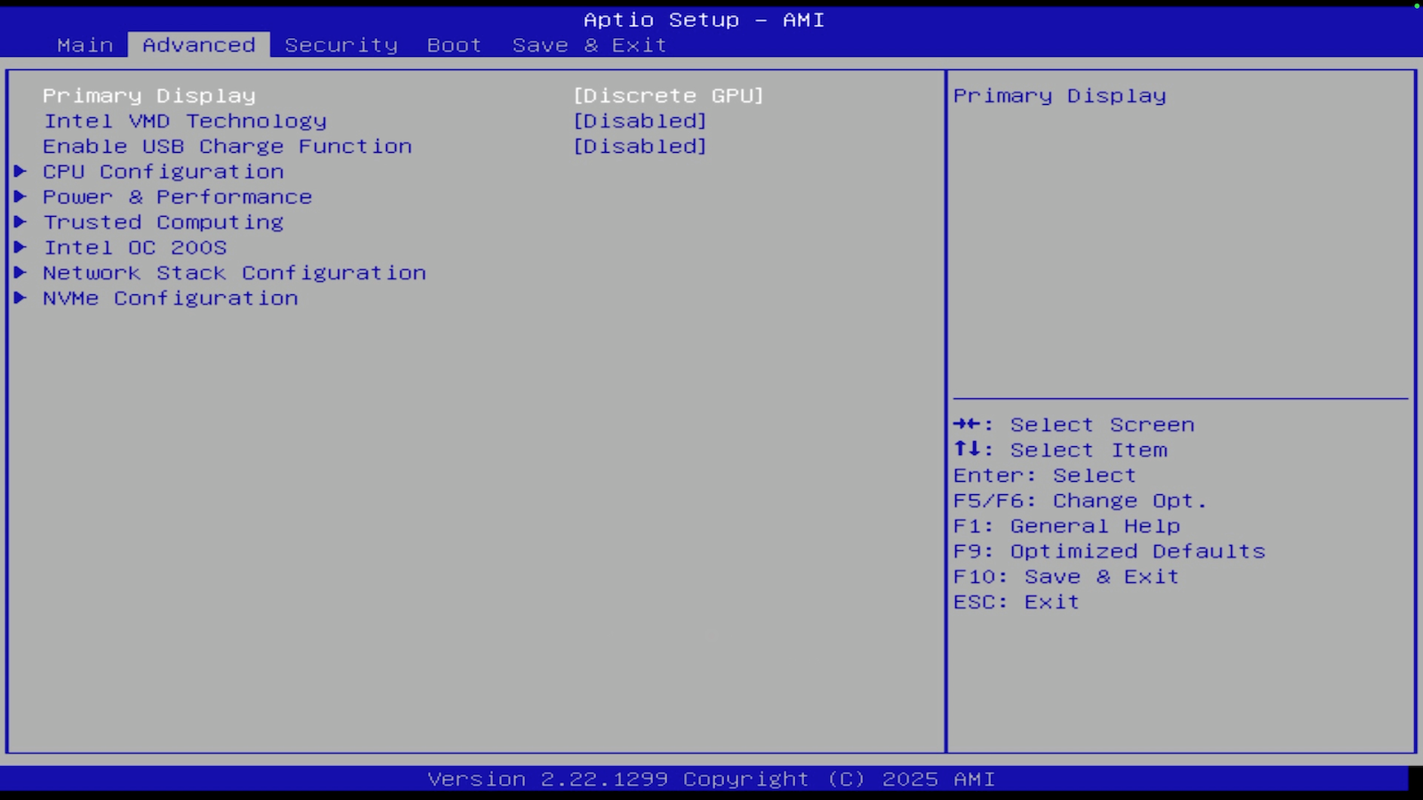 Default Advanced settings in BIOS