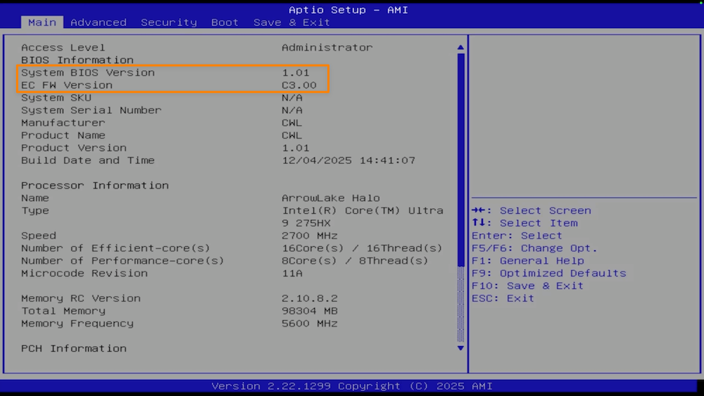 Check current firmware versions in BIOS