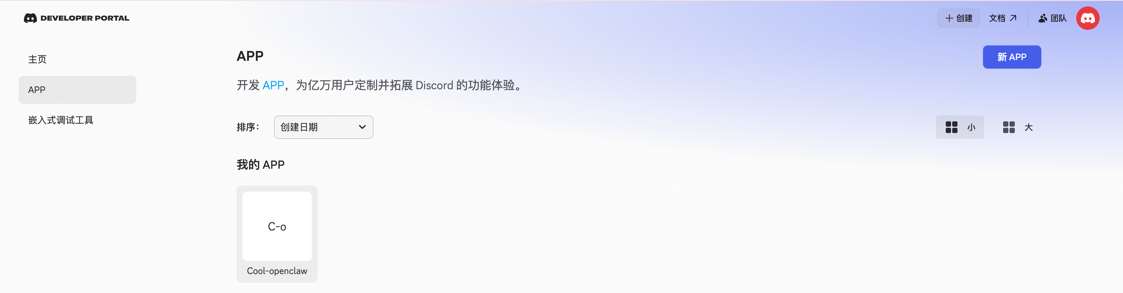 Discord 开发者门户新建应用