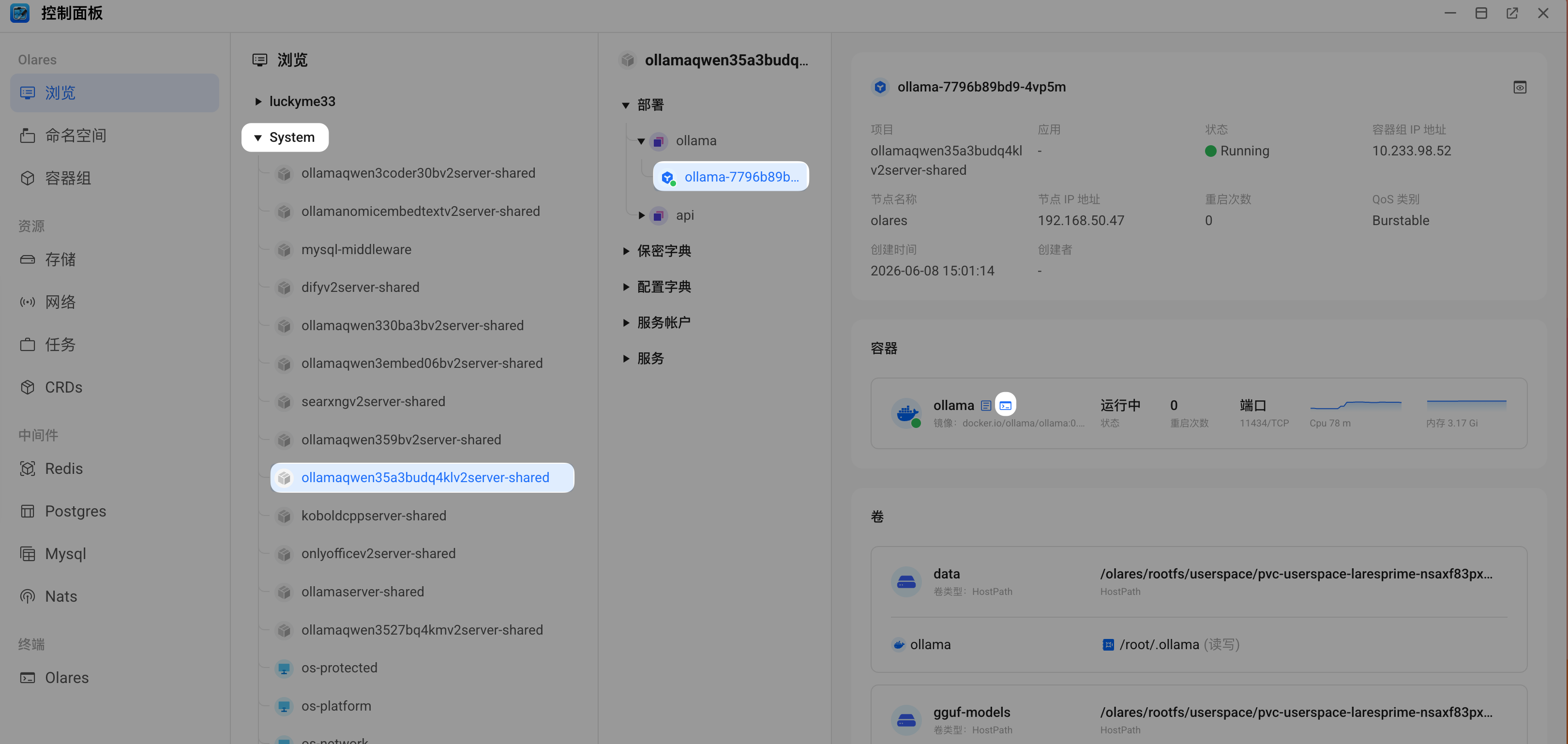 在控制面板中打开 Pod 终端